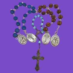 VTG Two Catholic Our Lady of Mt. Carmel St Pio Chaplets and Crystal Palm Rosary